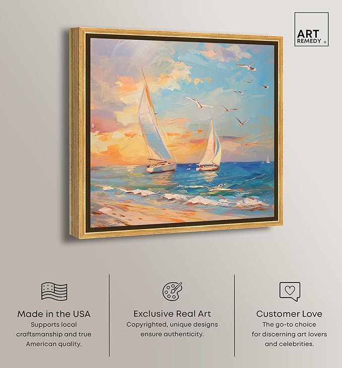 Art Remedy Sailboats In The Sunset Framed Sailing 1 Piece Canvas Wall Art, 25.5" x 25.5", Gold Frame