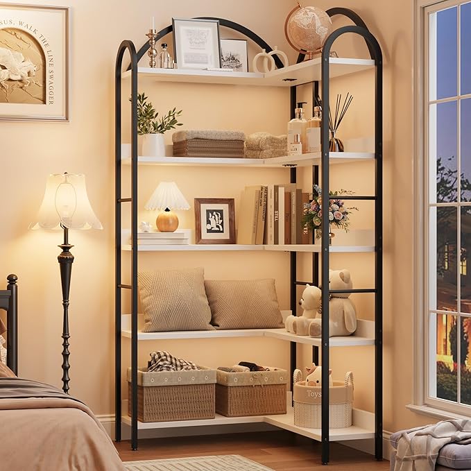 GarveeHome Arched Bookshelf Corner Bookcase, L Shaped Bookshelf Industrial Corner Bookshelves, Large Bookcase with Metal Frame, Corner Shelf Arch Display Rack for Living Room Bedroom