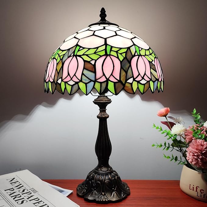 Tiffany Table Lamp 3-Color Light Stained Glass Lamp Tiffany Style Vintage Beside Reading Lamp 12 inch Living Room Light Flowers Style Antique Nightstand Light (Pink Tulip)