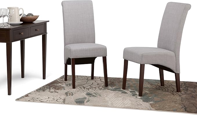 SIMPLIHOME Avalon Dining Chairs - Upholstered Solid Hardwood and Linen-Style Fabric Parsons Chair Set in Dove Grey, Contemporary Dining Room Seating with Curved Back and Cushioned Seat (Set of 2)