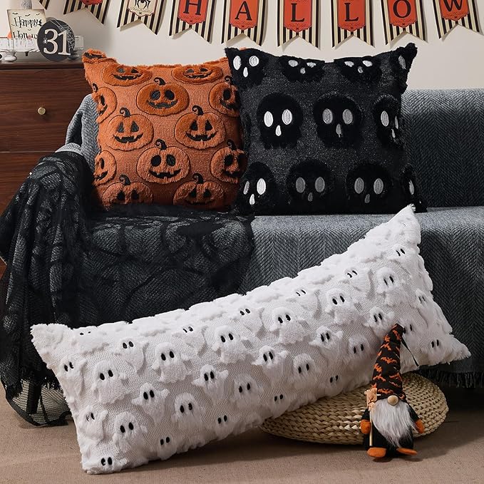 DFXSZ Halloween Pillow Covers 14x36 inch White Ghost Throw Pillow Cases Soft Plush Faux Fur Wool Couch Cushion Case for Chair Sofa Bedroom Living Room Home Decor PTK03A14