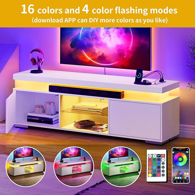 DWVO White Modern TV Stand with LED Lights and Power Outlet, Modern Entertainment Center for 55/60/65 Inch, Media Console Table TV Cabinet with Storage, Universal TV Stand for Living Room,White