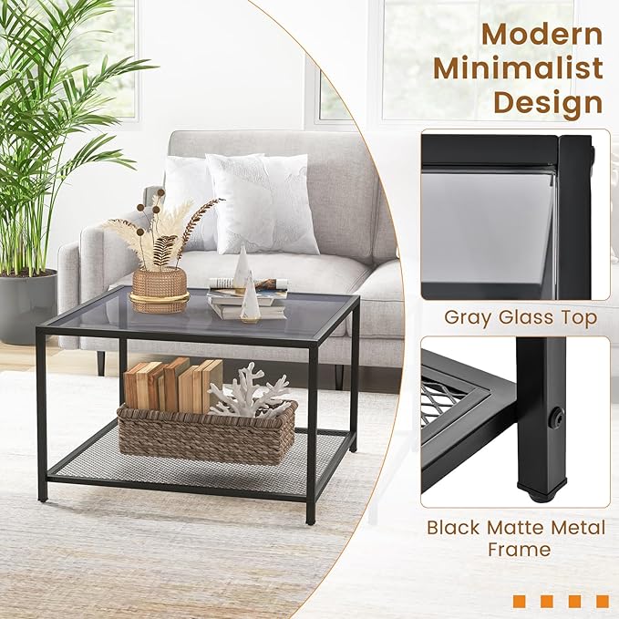 Giantex 27.5" Square Coffee Table - Tempered Glass Center Table w/Bottom Storage Shelf & Metal Frame, Modern Accent Table for Small Space, Living Room, Home, Office (2-Tier, Gray)