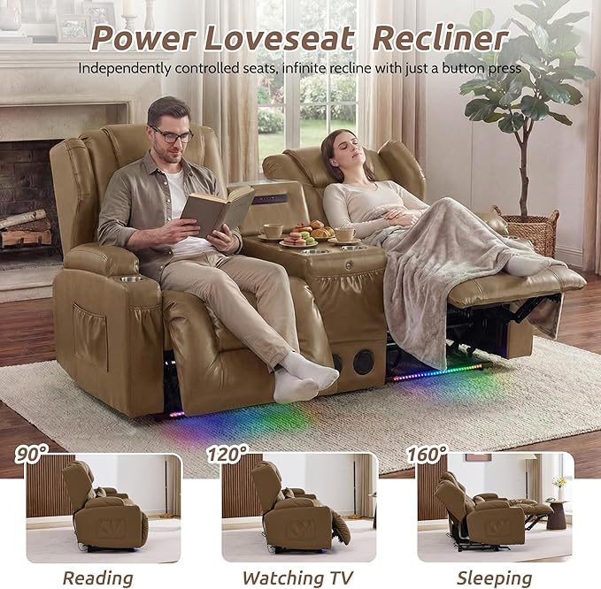 SAMERY Loveseat Recliner Sofa, Power Reclining Loveseat Sofa, Wall Hugger Recliners RV Couch with Console, Lift-Top Table, Rhythm & Ambient LED Lights, USB-C, Outlets, Faux Leather, Khaki | Extra Wide Seat, Plush Padding, Dual Power Recline, Lift-Up Ta...