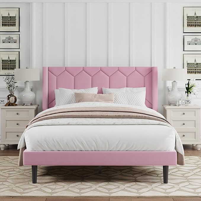Full Size Bed Frame with Velvet Upholstered Headboard, Platform Bed Frame No Box Spring Needed, Modern Bedframe with Strong Wooden Slats, Pink