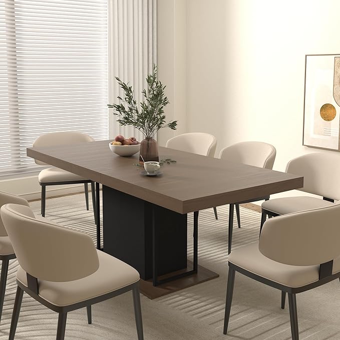 63" - 79" Extendable Dining Room Table, Expandable Kitchen Table for 6 to 10 People, Modern Wood Conference Table, Large Farmhouse Dining Table(Brown & Black)