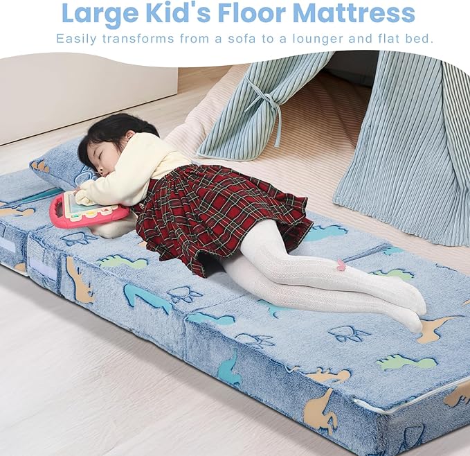 MeMoreCool Foldable Futon Chair Bed for Kids, Glow Tri-fold Sofa Bed Convertible Toddler Sofa Mattress, Foam Floor Couch for Sitting, Blue