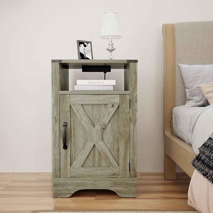 RoyalCraft Set of 1 Farmhouse Nightstand, Grey End Table with Charging Station, Tall Bedside Table with Large Storage Room and Shelf, Wooden Rustic Side Table for Bedroom, Home Office, Light Grey