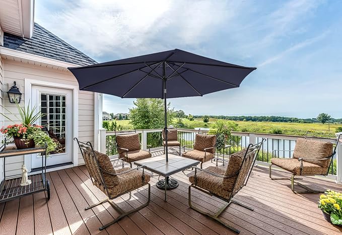MASTERCANOPY 9FT Patio Umbrella with Push Button Tilt and Crank, Outdoor Market Umbrella with 8 Sturdy Ribs, UV Protection & Waterproof for Garden, Deck, Backyard, Pool (Navy Blue)