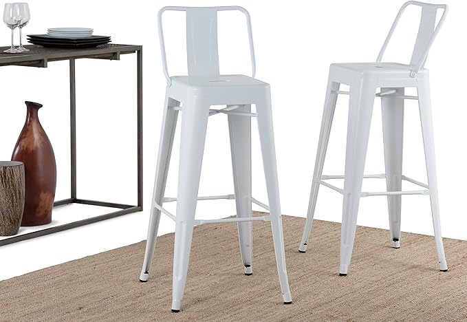 SIMPLIHOME Rayne Bar Stools (Set of 2) - 30 inch Seat Height Industrial Metal Chairs in White, Contemporary Seating for Kitchen or Bar with Curved Back, Under-Seat Cross Brace, and Footrest