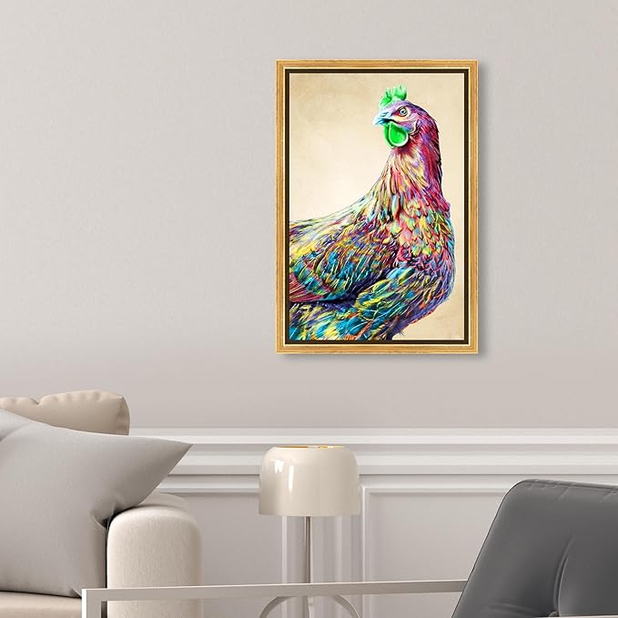 Country Farmhouse Canvas Print Painting Animal Wall Art 'Fun Colorful Glam Rooster' Gold Framed Canvas Rustic Home Décor 10x15 in Pink, Green by Oliver Gal