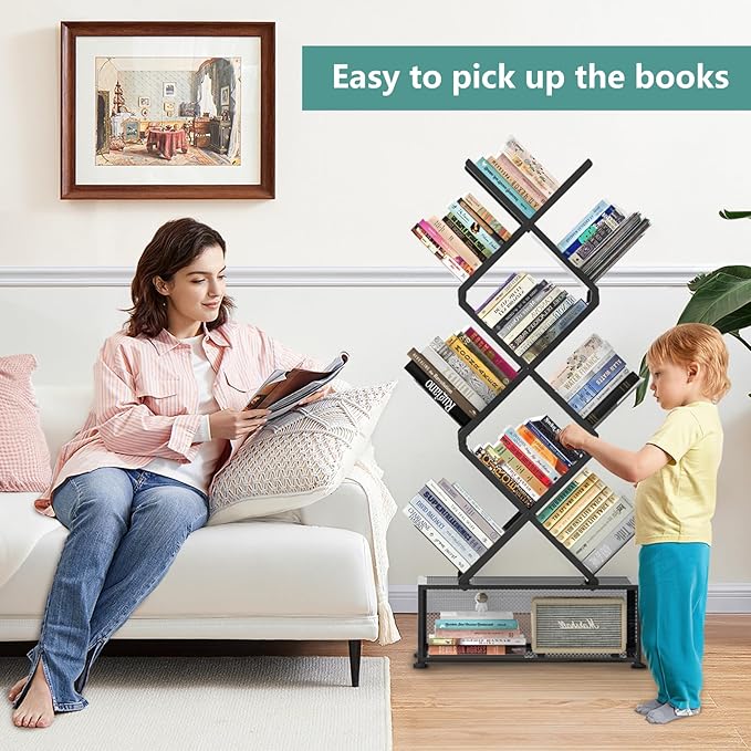 HI NINGER Tree Bookshelf,9 Tier Folding Bookshelf with Storage Cabinet, Tall Narrow Bookshelves Organizer,Bookcase Tower,Tall Floor Standing Book Organizer for Living Room/Bedroom/Home Office/Corner