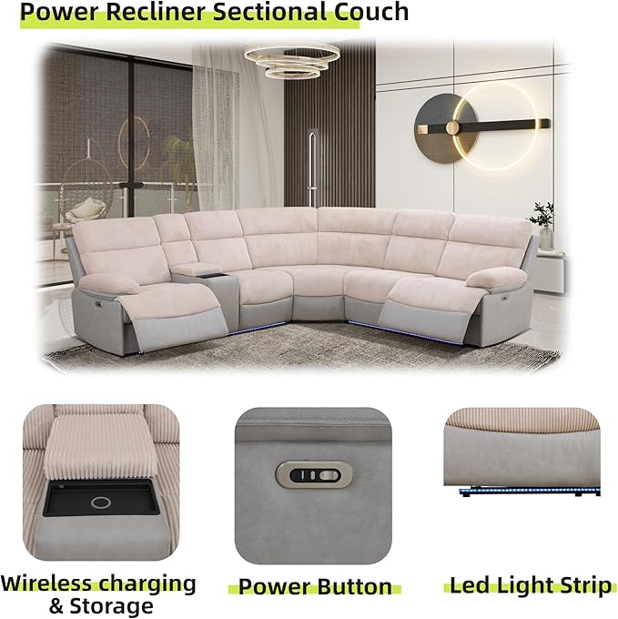Power Reclining Sectional Sofa, 5 Seat Sectional Couch with Recliners, Soft Corduroy & Breathing Leather Sectional with 2 Recliners,USB Charging Ports,LED Light Strip, Living Room Furniture Set | Breathable material, LED Lighting