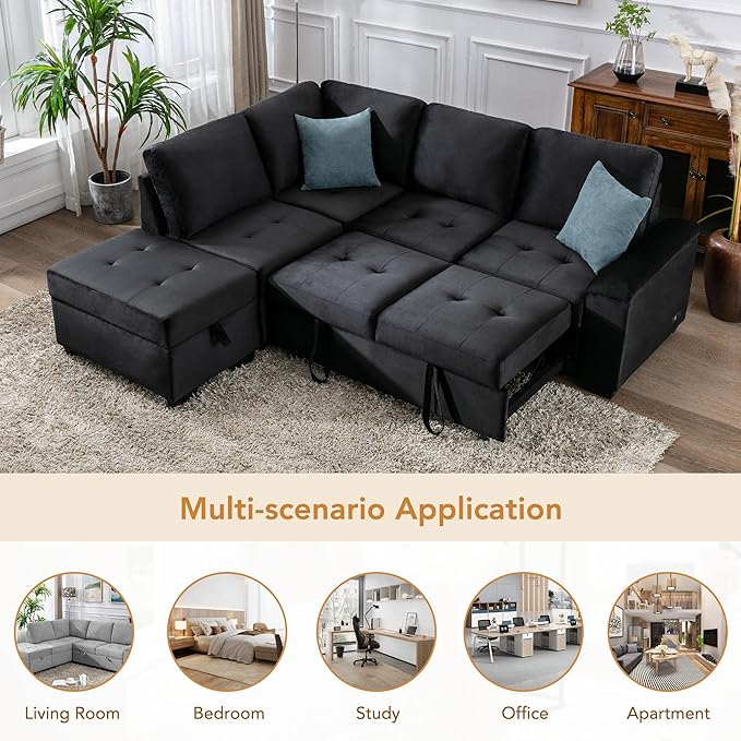 Merax Sofa Bed Sleeper Couch L Shaped Sofa with Storage Ottoman, L-Shape Sectional Couch with Comfortable backrest for Living Room and Small Apartment (Black)