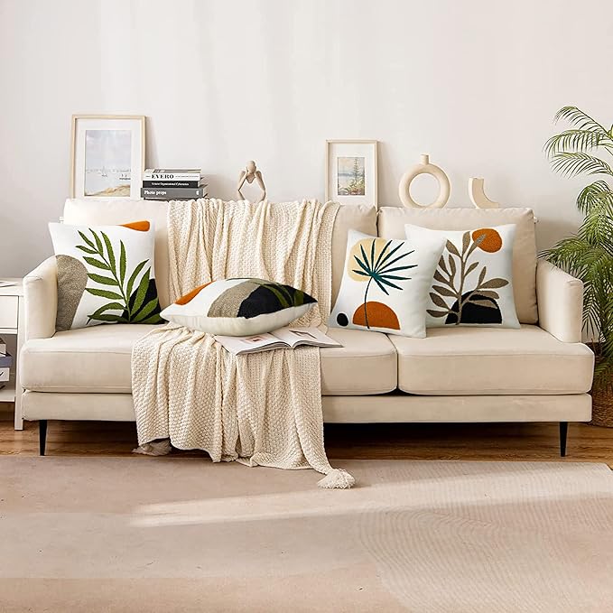 Merrycolor Boho Decorative Throw Pillow Covers 16x16 Tufted Mid Century Modern Throw Pillow Covers Abstract Leaf Pillow Cover Bohemian Aesthetic Boho Pillows for Couch Bed Sofa Living Room 1PC