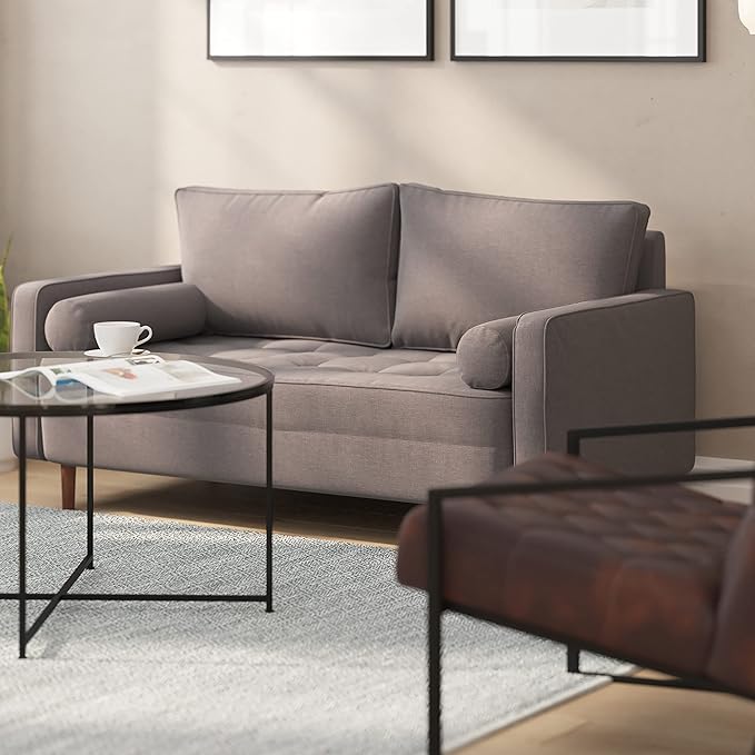 Taylor & Logan Hendrix Tufted Faux Linen Upholstered Mid-Century Modern Loveseat with Solid Wood Legs in Dark Gray