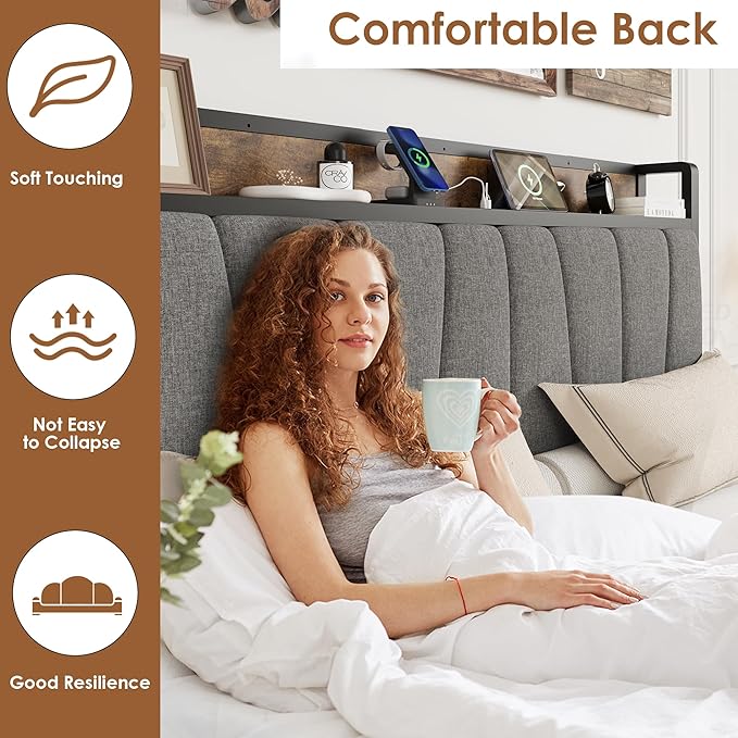 GAOMON Queen Size Bed Frame with Storage Headboard and 2 Drawers, Linen Upholstered Platform Bed Frame with Charging Station, Heavy Duty, No Box Spring Needed, Easy Assembly, Noise Free, Grey&Brown