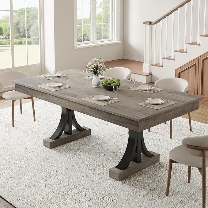 Garvee 71-Inch Wooden Dining Table with 2 Drawers, Rectangular Dining Table w/Large Tabletop & Double Pedestal, Large Kitchen Table for 6-8 with Sturdy Frame, for Dining Room, Kitchen, Rustic Gray