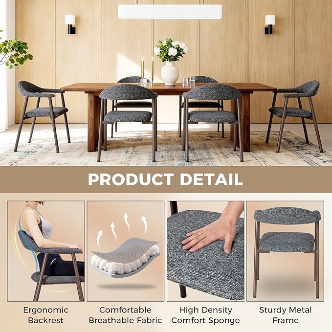 DUMOS Dining Chairs Set of 2, Modern Linen Fabric Upholstered Kitchen Side Chairs with Curved Backrest, Accent Farmhouse Metal Chairs for Kitchen Dining Room Restaurant Cafe, Gray
