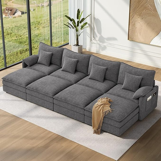 Vesgantti 142" Oversized Sectional Sofa Bed, 8-Seater Modular Sleeper Cloud Couch with Movable Ottoman, Chenille Convertible Sofa Set Deep Seat Couches for Living Room, Bedroom and Apartment, Gray | Sink-in Comfort, Height Adjustable, Easy Rearrangemen...