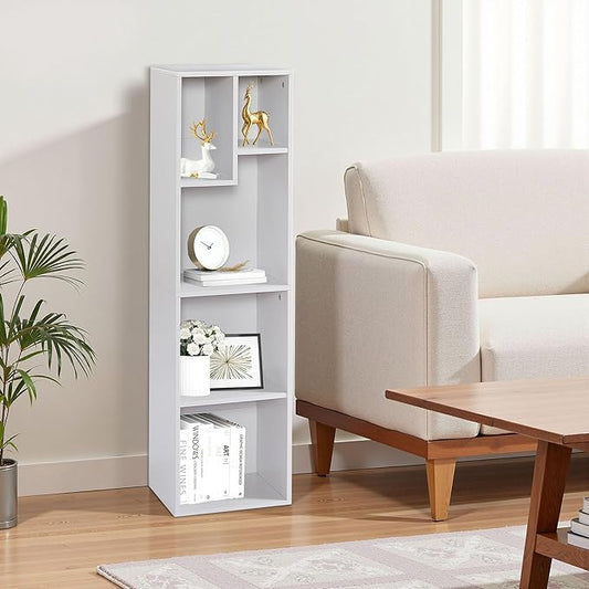 VECELO 4-Tier Bookcase, Modern Storage Cabinet with Height Difference Shelves for Standard Textbooks, 5 Cubes, Vertical or Horizontal, Easy Assembly, Pearl White