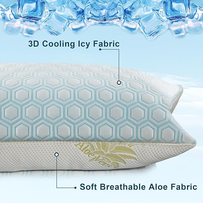 Cooling Pillows Queen Size Set of 2, Adjustable Shredded Memory Foam Bed Pillows for Hot Sleepers - Firm Supportive Cool Pillow for Side Back Stomach Sleepers with Removable Washable Cover