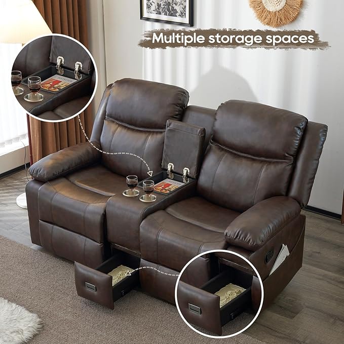 Loveseat Recliner Sofa, PU Leather Sofa Couch, Manual Recliner Loveseat with Console, Double Reclining RV Sofa with Cup Holders and Side Pocket for Living Room/Office/Apartment (Brown) | Heating & Massage, Hidden Drawer