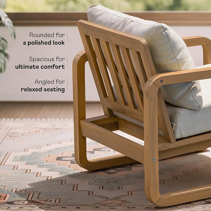 Idzo Ivy Wood Club Chair Set of 2 – Beige Fabric, Outdoor Wooden Armchair Seating with Cushions for Patio, Garden, or Balcony Relaxation