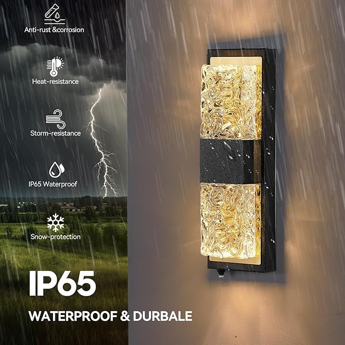 Dusk to Dawn Outdoor Lighting,Porch Lights Outdoor IP65 Waterproof Exterior Lighting Fixtures 12W LED Crystal Modern Outside Light for House Hallway Doorway Patio,14.2'' Back&Gold (1PCS)