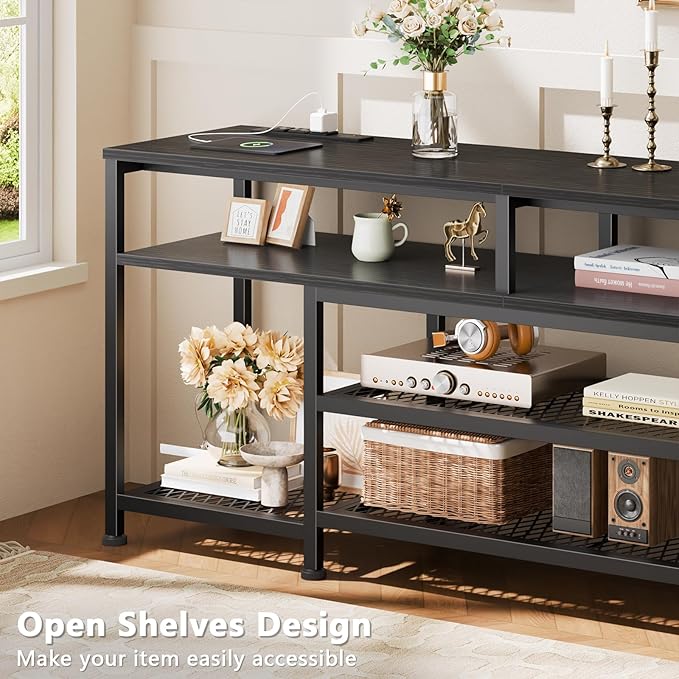 Furologee TV Stand with Power Outlets and LED Lights, 55 Inch Entertainment Center for 55 60 Inch TVs, Media Console Table with Open Shelves, for Bedroom, Living Room, Black