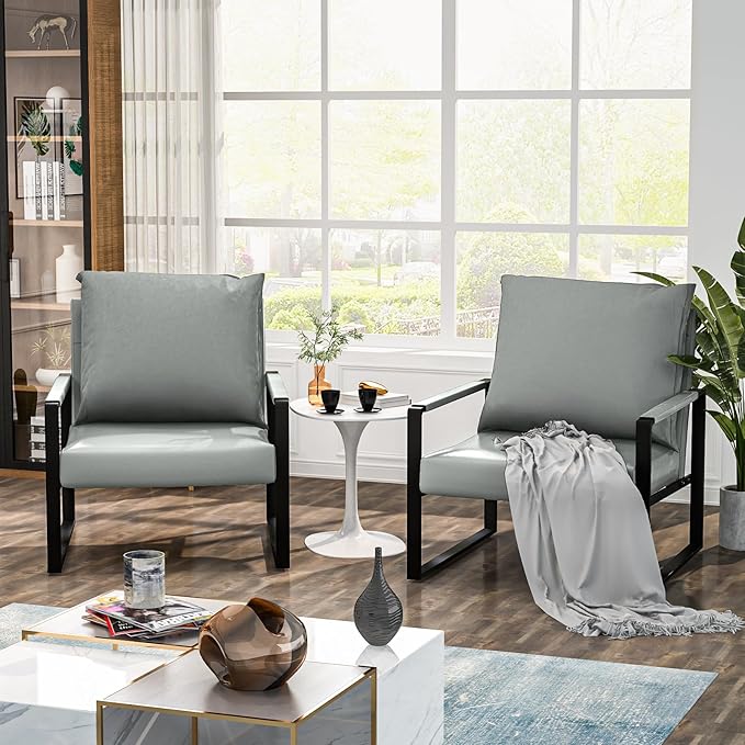 AWQM Modern PU Leather Accent Chair Arm Chair with Extra-Thick Padded Backrest and Seat Cushion Sofa Chairs for Living Room Bedroom, 105 Degree Slant Back, Non-Slip Adsorption Feet-Grey（Set of 1）