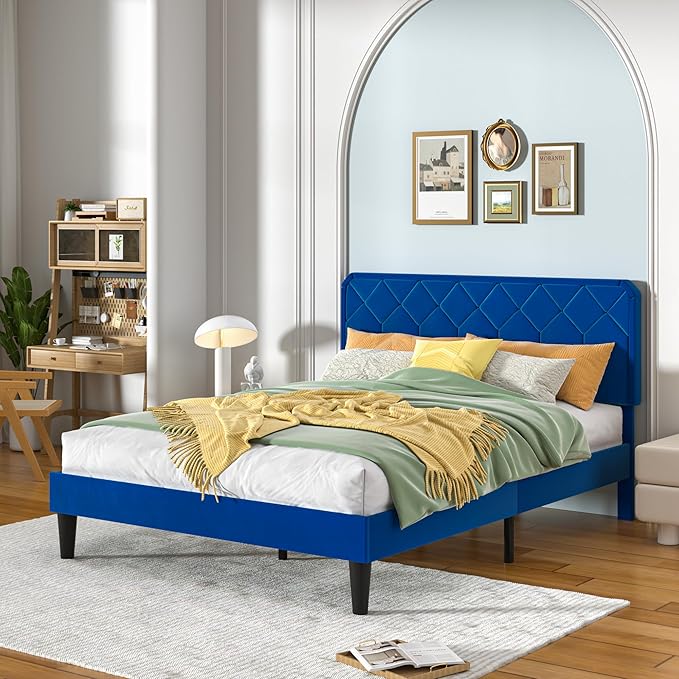 VECELO Queen Size Bed Frame, Velvet Upholstered Platform with Adjustable Headboard, Mattress Foundation with Solid Wood Slats, No Box Spring Needed, Easy Assembly