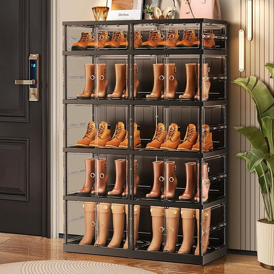 5-Tier Foldable Shoe Rack for Closet Entryway 10-20Pairs,Stackable Clear Shoe Storage Boxes Organizer with Door Plastic Shoe Cabinet Bins with Lids Shoes Shelf Easy Assembly Large Black