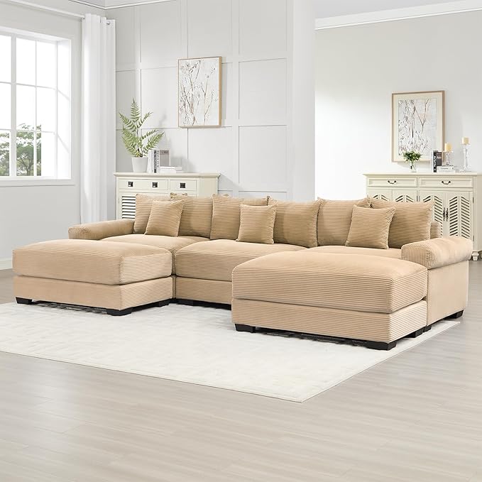 KEIKI 130" U-Shaped Oversized Corduroy Modular Cloud Sectional Sofa with 2 Ottoman, High-Density Foam Cushion, Extra-Thick Armrest, 3-Seater Fluffy Corner Couch with 9 Pillow, for Living Room, Camel