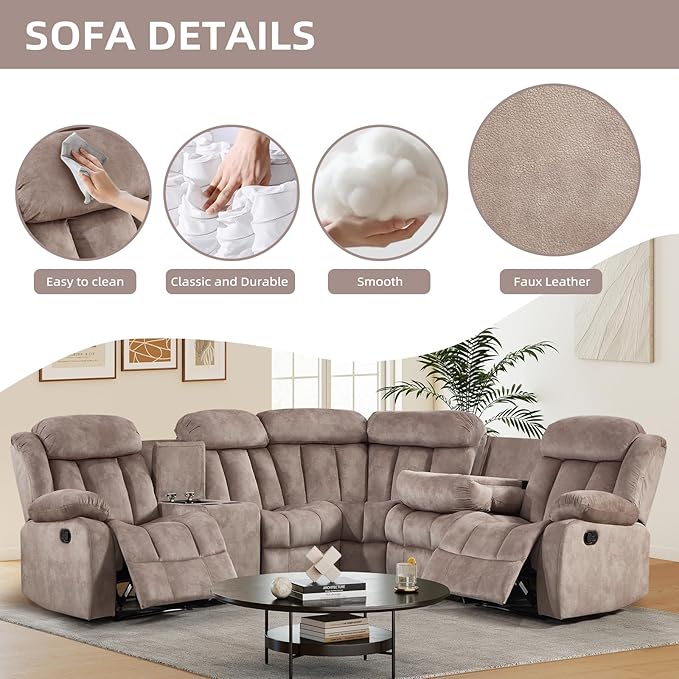EBELLO Manual Reclining L-Shaped Sectional Sofa Set, Soft Fabric Corner Couch with Center Console, Cup Holders and Storage – Perfect Living Room Home Set Furniture, Light Brown