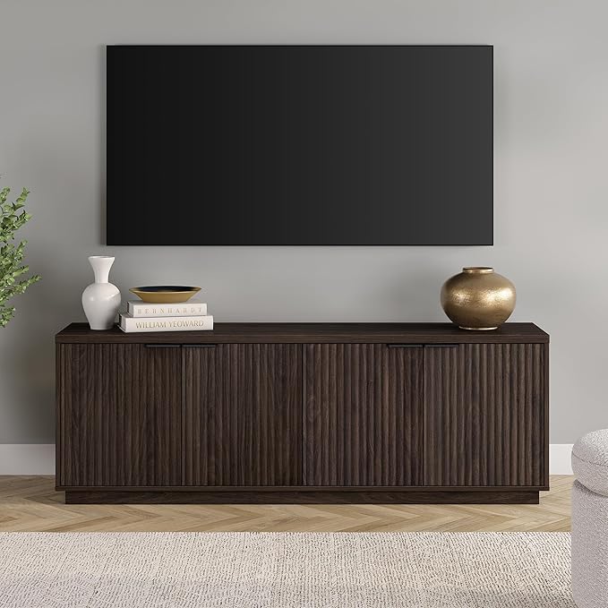 Henn&Hart Fluted TV Stand for TVs up to 78" with 2 Ribbed Storage Cabinets and Adjustable Shelves for Living Room, Family Room, or Office, Warm Brown