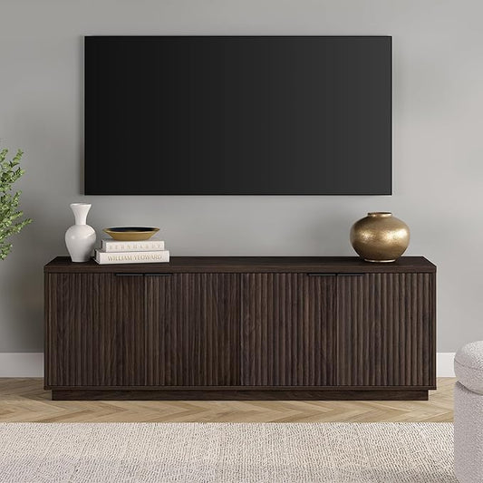 Henn&Hart Fluted TV Stand for TVs up to 78" with 2 Ribbed Storage Cabinets and Adjustable Shelves for Living Room, Family Room, or Office, Warm Brown