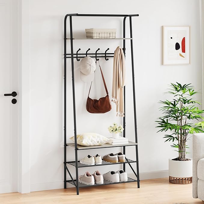 IDEALHOUSE Coat Rack Shoe Bench with 5 Hooks, Hall Trees Entryway Bench with Storage, Wood Look Accent Furniture with Metal Frame for Entryway, Living Room, Bedroom