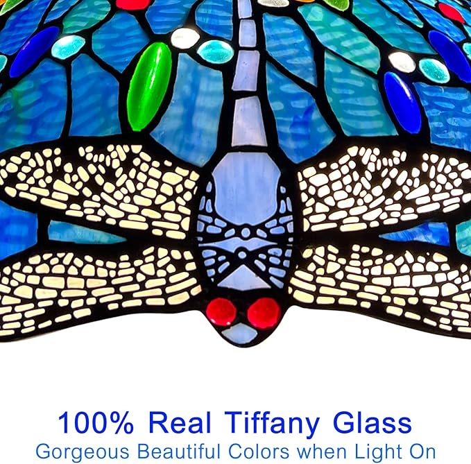 Capulina Tiffany Lamp Stained Glass Pendant Light 2-Light 16 Inches Wide Antique Blue Dragonfly Tiffany Style Hanging Lamp for Dining Room Kitchen Island Home Farmhouse