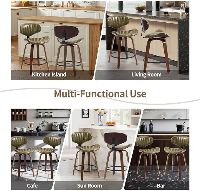 Modern Bar Stools Set of 2, 24 inch PU Leather Wooden Bentwood Barstools Counter Height Swivel Breakfast Bar Chairs with Backrest Footrest for Kitchen Island, Dining Room D035-Olive Green-2