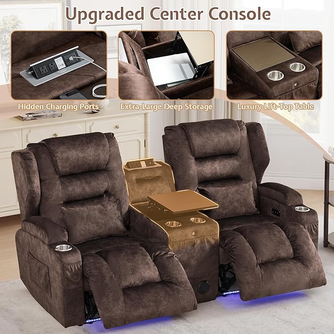 SAMERY Loveseat Recliner Sofa, Power Reclining Loveseat Sofa, Wall Hugger Recliners RV Couch with Console, Lift-Top Table, Rhythm & Ambient LED Lights, USB-C, Outlets, Velvet, Chestnut | Extra Wide Seat, Plush Padding, Dual Power Recline, Lift-Up Table...