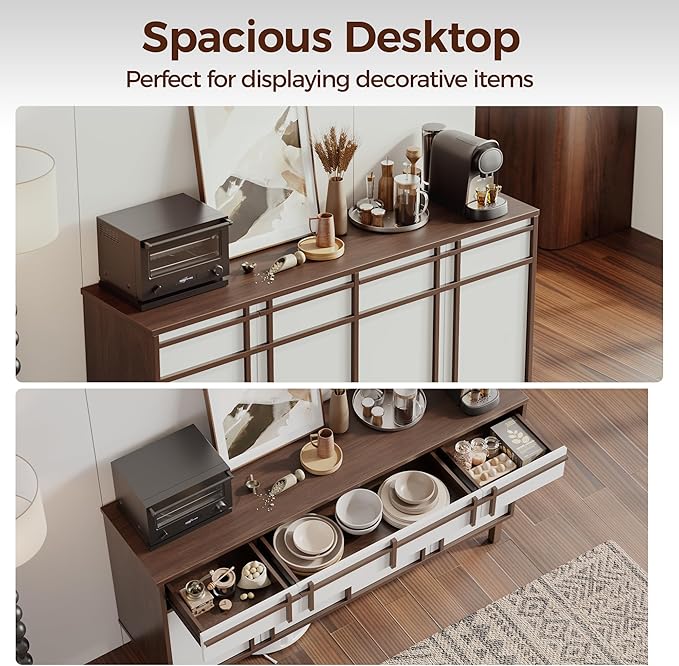 58" Sideboard Buffet Cabinet with Storage, 4 Doors and 3 Drawers, Adjustable Shelves, Wooden Mid Century Coffee Bar Cabinet for Kitchen, Living Room, Entryway, Walnut/White