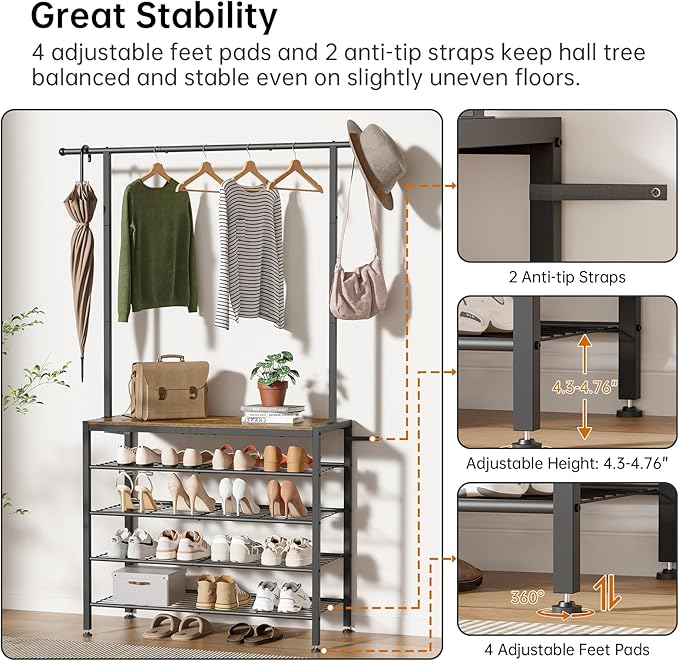 Hall Tree, Entryway Shoe Rack with Coat Rack, 5 Tier Adjustable Shoe Storage with 45.7" Long Coat Rack for Front Door, Garage, Closet, Freestanding, Industrial, Rustic Brown and Ink Black