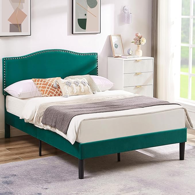 VECELO Full Bed Frame Platform Bed Frame with Upholstered Headboard, Strong Frame and Wooden Slats Support, Strong Weight Capacity, Non-Slip and Noise-Free, Easy Assembly,Dark Green