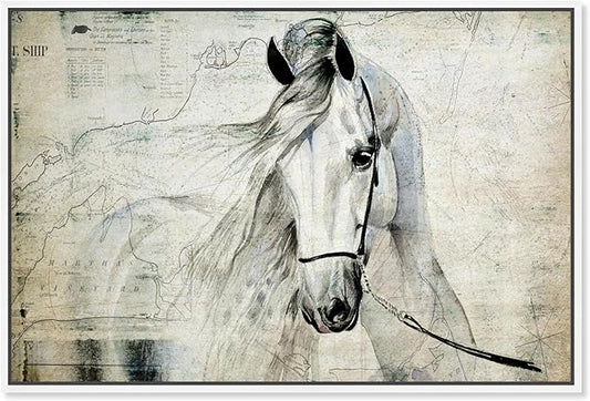Country Farmhouse Canvas Print Painting Animal Wall Art 'Southern White Horse' White Framed Canvas Rustic Home Décor 15x10 in Gray, Brown by Oliver Gal