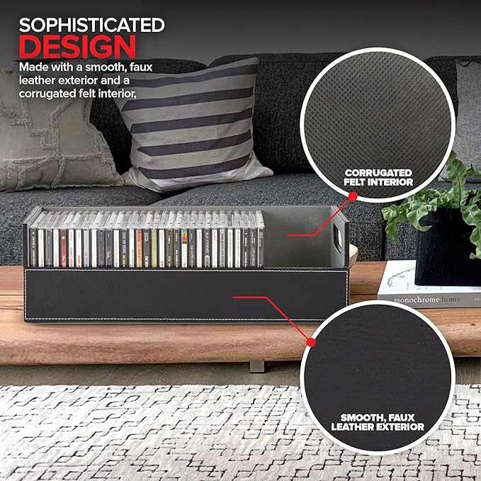 Stock Your Home CD Storage Box, Organizer Shelf for Movie Cases, DVDs, Cassette Tape Display Stand, Disc Holder Can Store Up to 40 CDs, Faux Leather (Black)