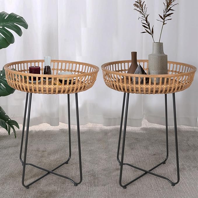 Oakrain Rattan End Table, Nesting Tables, Set of 2, Bamboo, Round, Metal Base, for Boho Living Room, Sofa, Bedroom, Terrace (18.11inch, Set of 2)