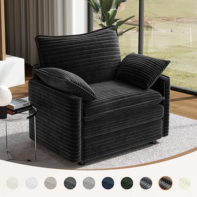 Vesgantti 40" Single Seat Sofa, Comfy Cloud Couch Deep Seat Upholstered Couch Corduroy Modern Sofa with Armrest Pillow, Easy Assembly for Living Room, Bedroom and Apartment, Black | Sink-in Comfort, Height Adjustable, Easy Rearrangement, Extra-deep Ott...