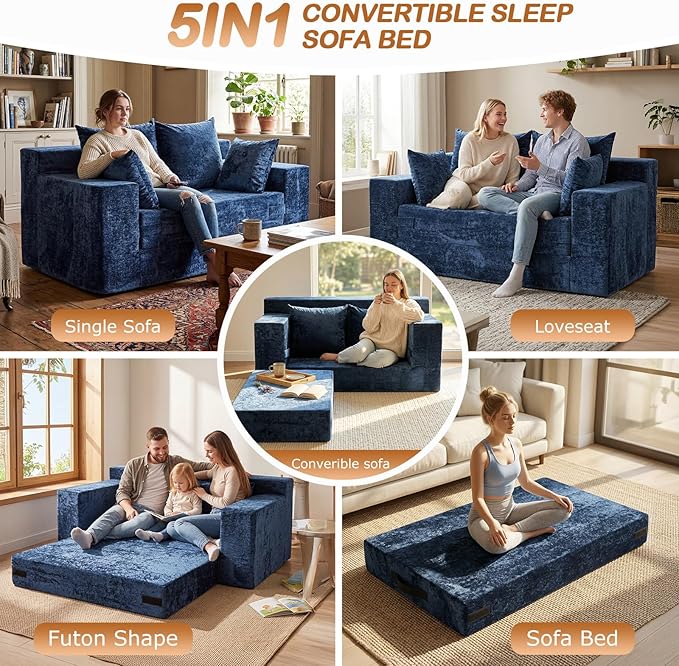 Convertible Sofa Bed, 5 in 1 Small Boneless Couch Pull Out Loveseat Sleeper Sofa,Corduroy Futon Couch Folding Mattress with 4 Pillows for Living Room (Blue, Loveseat(Silky Velvet))
