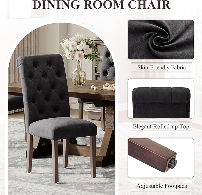 Upholstered Tufted Dining Room Chairs Set of 2, Parsons Kitchen Chairs with Padded Seat and Solid Wood Legs, Fabric Accent Side Diner Chair for Dining Room/Kitchen/Living Room, Black